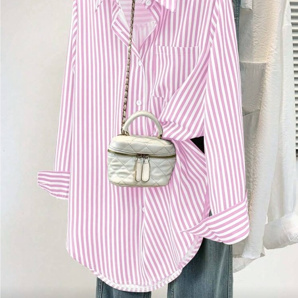 SHEIN Tops - Striped Pink Button-Up Shirt - Women Tops